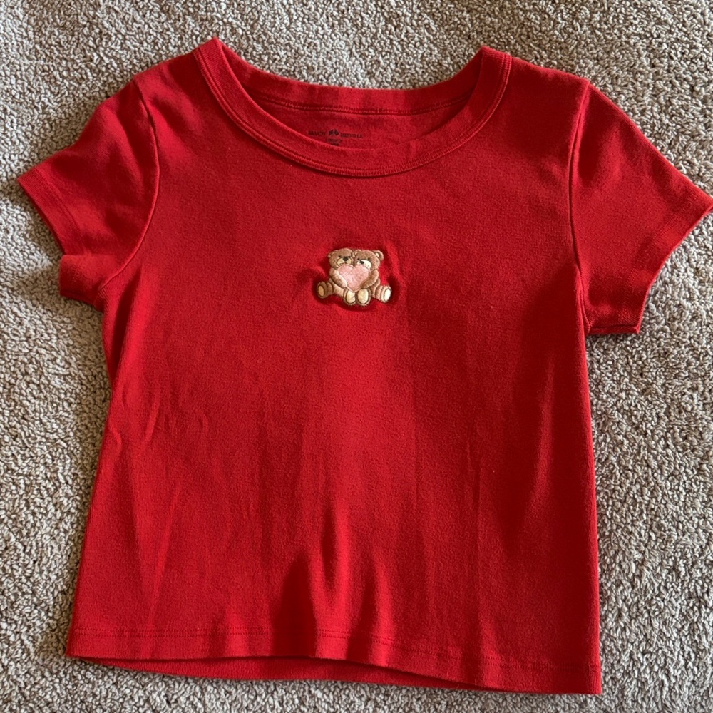 Brandy Melville Vibrant Red Tee with Cute Bear Accent